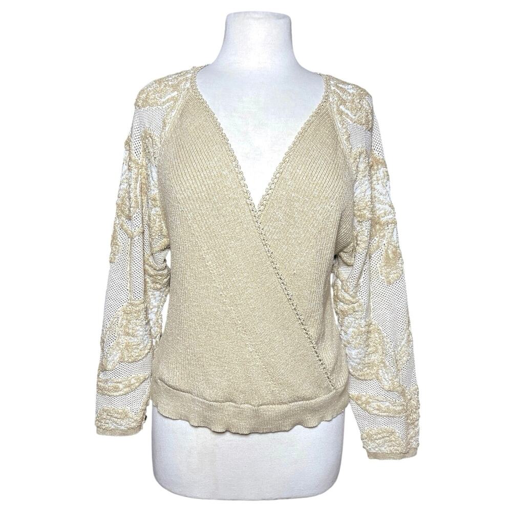 ANTHROPOLOGIE Women’s Tan Surplice Burnout Lace Sweater Knit Top - Picture 4 of 7